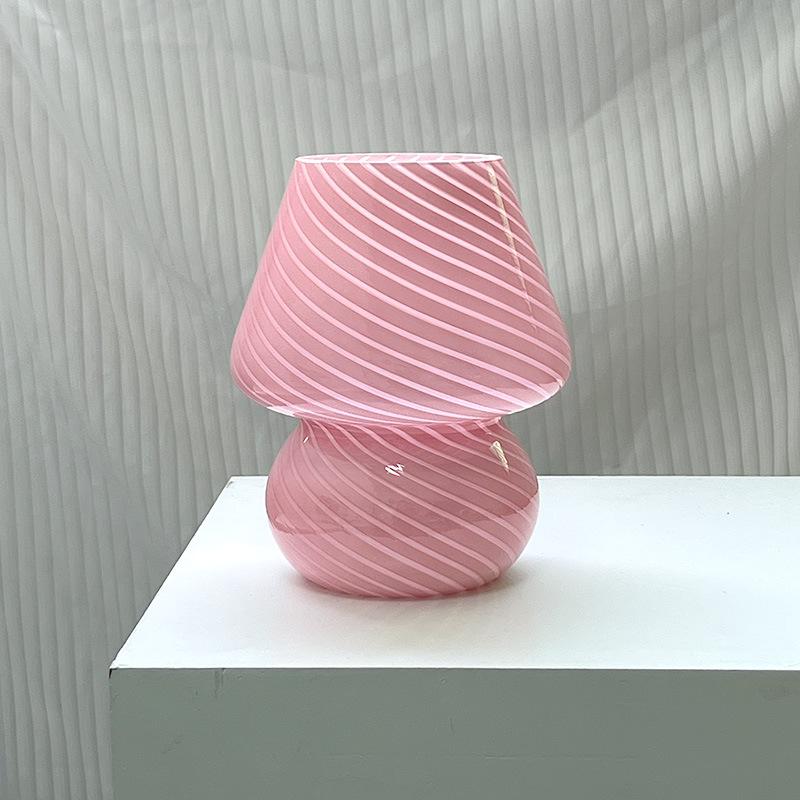 American Medieval Vintage Striped Glass Mushroom Table Lamp with USB - Retro Bedside Night Light