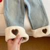 Girls Padded Denim Pants Children's Thickened Pants Winter New Warm Trousers Autumn Fashion Straight-Leg Trousers Baby Clothes