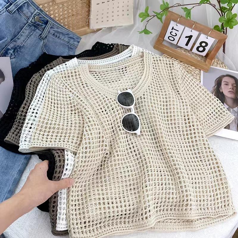 Skeleton Short-sleeved Knit Shirt Women's Summer Thin Design Sense Niche Chic Unique Loose Versatile Blouse Tops Casual Slim Fit Pullovers Tees