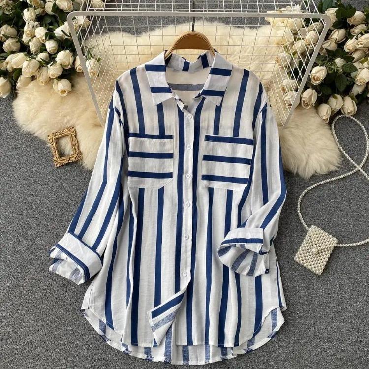 Women Casual Loose Korean Style Vertical Striped Shirt Jacket Mid Length Tops Summer New Multi Color
