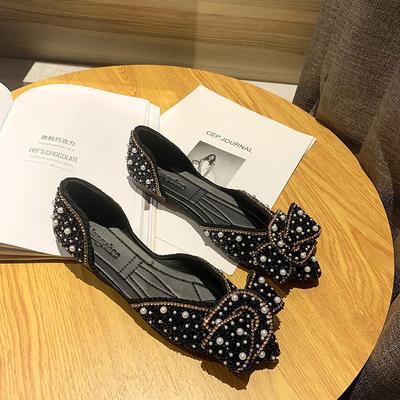 Pointed Single Shoes Women's Summer New Bow Ladyshoes Versatile Pearl Rhinestone Flat Bottom Shallow Beanie Shoes