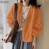 ZANZEA Womens Casual V-neck Solid Color Loose Long Sleeve Thin Cardigan Blouse
