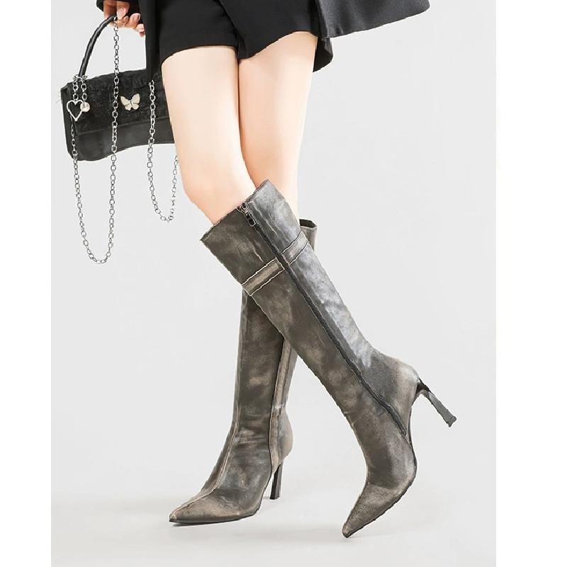 Fashion Retro Rubbed High-Top Biker Boots Slimming Thigh-High Botines Femininas Stiletto-Heeled Pointy-Toe Over-The-Knee Botas