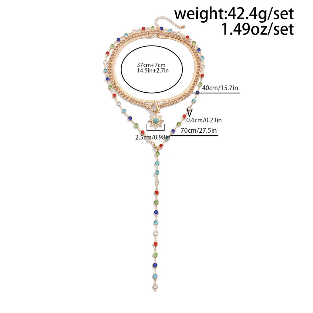 IngeSight.Z 3 Stück/Set Boho Bunt Kristall Lange Kette Sonnenblumen Anhänger Halskette Damen Einfach Flach Schlangen Kette Choker Schmuck