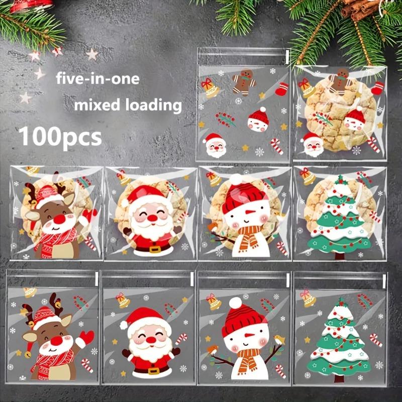 100pcs Christmas Treat Bags - Self-sealing Disposable Opp Candy & Cookie Pouches with Festive Cartoon Designs for Holiday Gift
