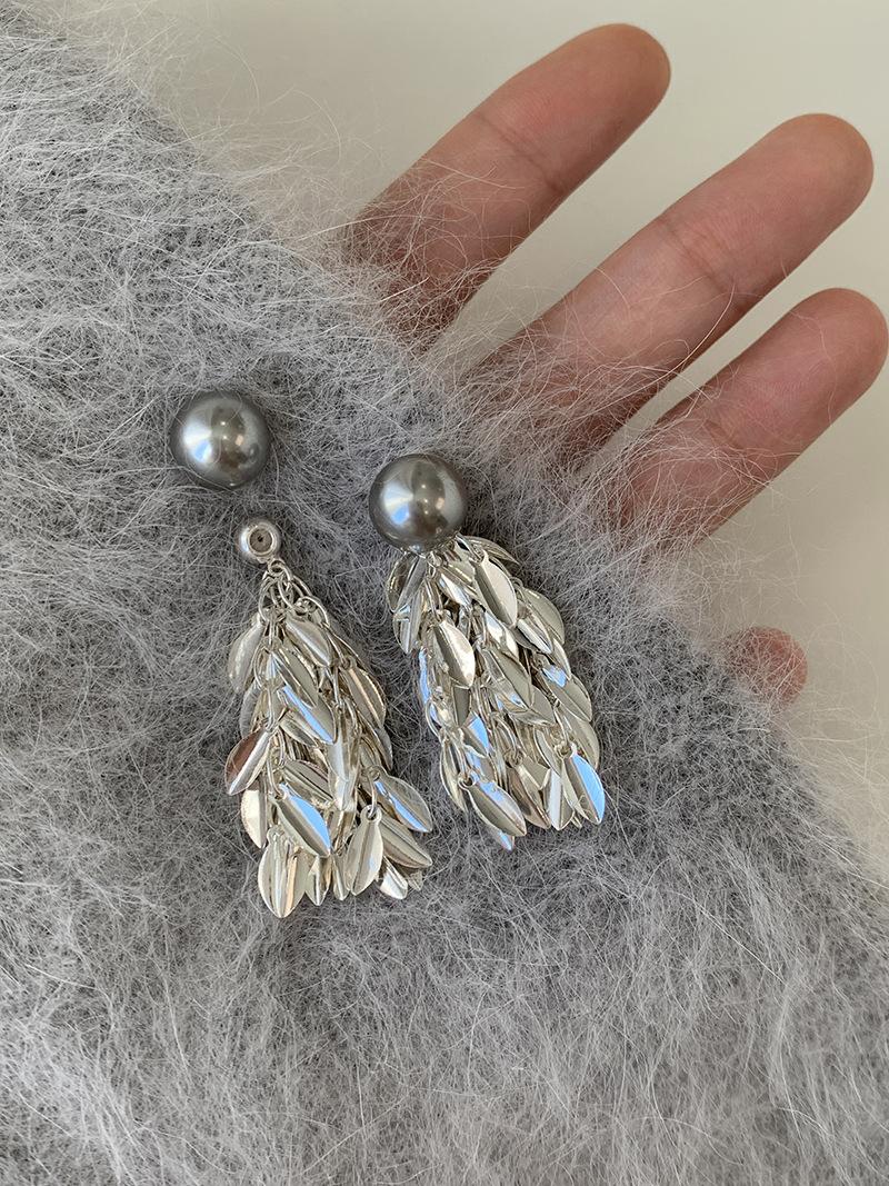 

S silver needle niche design high-end cold feather earrings fringed ear line pearl stud earrings show thin face