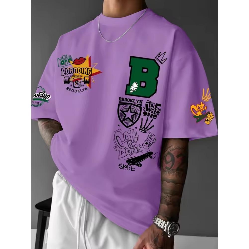 Summer Men's Fashionable Cartoon Letter Printed Breathable Round Neck T-shirt Outdoor Urban High Street Casual Top