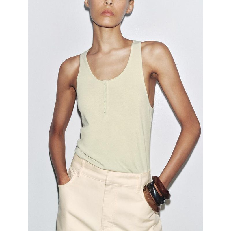 Summer New Product Women's Clothes French Simplicity Style Decorated Row Button Cotton Plaid Round Neck Sleeveless Tops 4786009