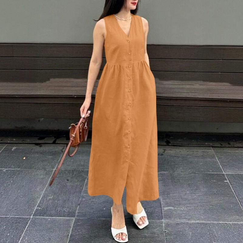 ZANZEA Women Casual V-Neck Summer Sleeveless Dress