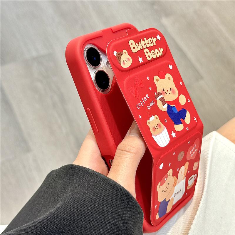 Festive Red Scarf Bear Magnetic Folding Stand for IPhone16promax for IPhone 14 Phone Case 13/12