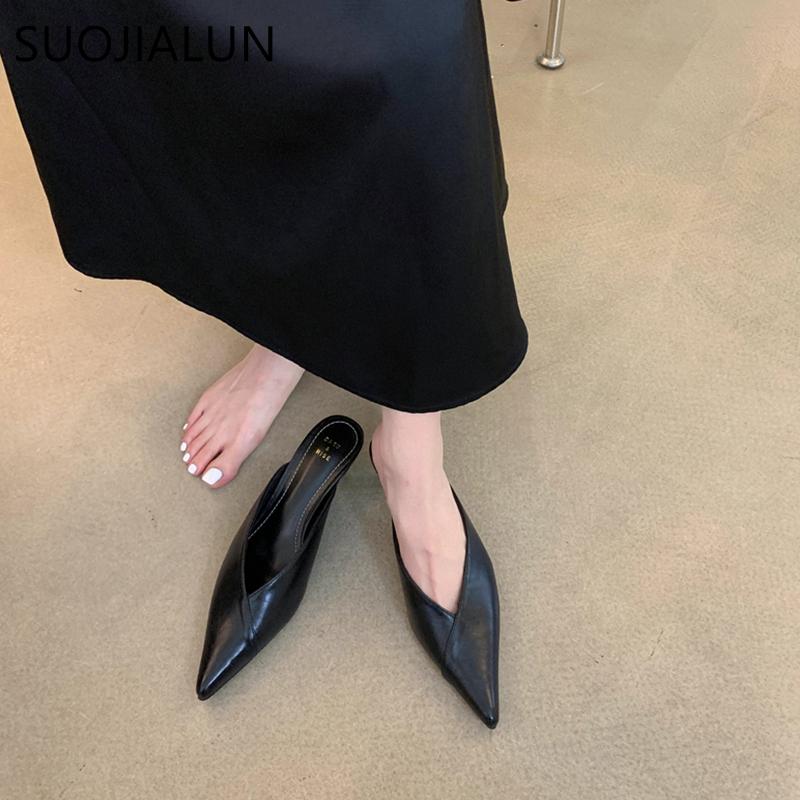 Fashion SUOJIALUN 2024 Spring New Brand Women Slipper Fashion Pointed Toe Shallow Slip On Mules Shoes Thin Low Heel Dress Sandal Shoes P