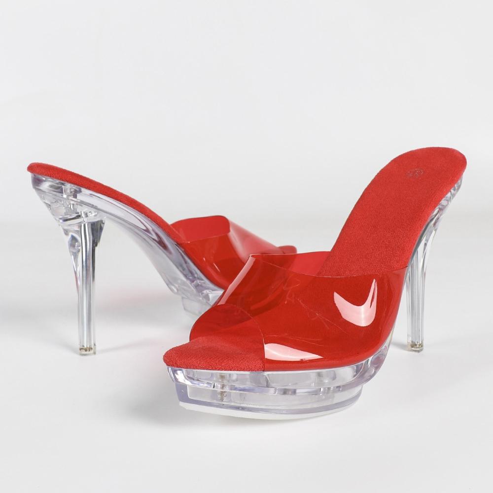 

12.5CM Square Toe Crystal Slippers, Transparent Chunky Heel Non-slip, Sexy Wedding Nightclub Model Shoes LFD-19876-A79 34 красный