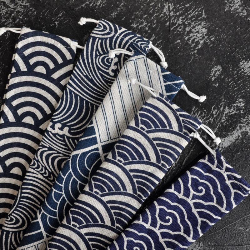 Japanischer Stil DIY Reise-Aufbewahrungstasche Kordelzugtasche Strohgeschirr tragbar Kordelzug Löffel Stäbchen Stofftasche