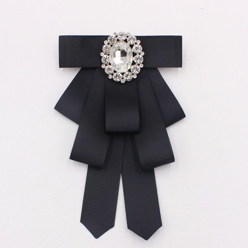 European & American Style Rhinestone Bow Tie Brooch for Shirt Collars - Black Thread Fabric Flower Accessory (TS272)
