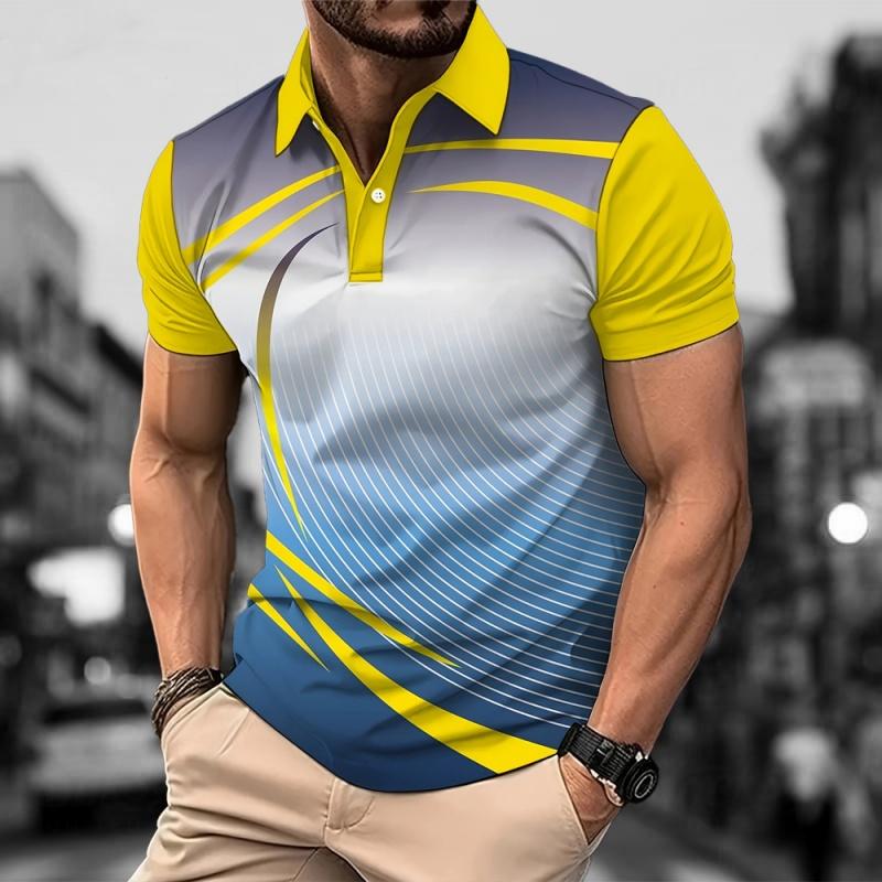 3D Printed Color Striped Men's Polo Shirt