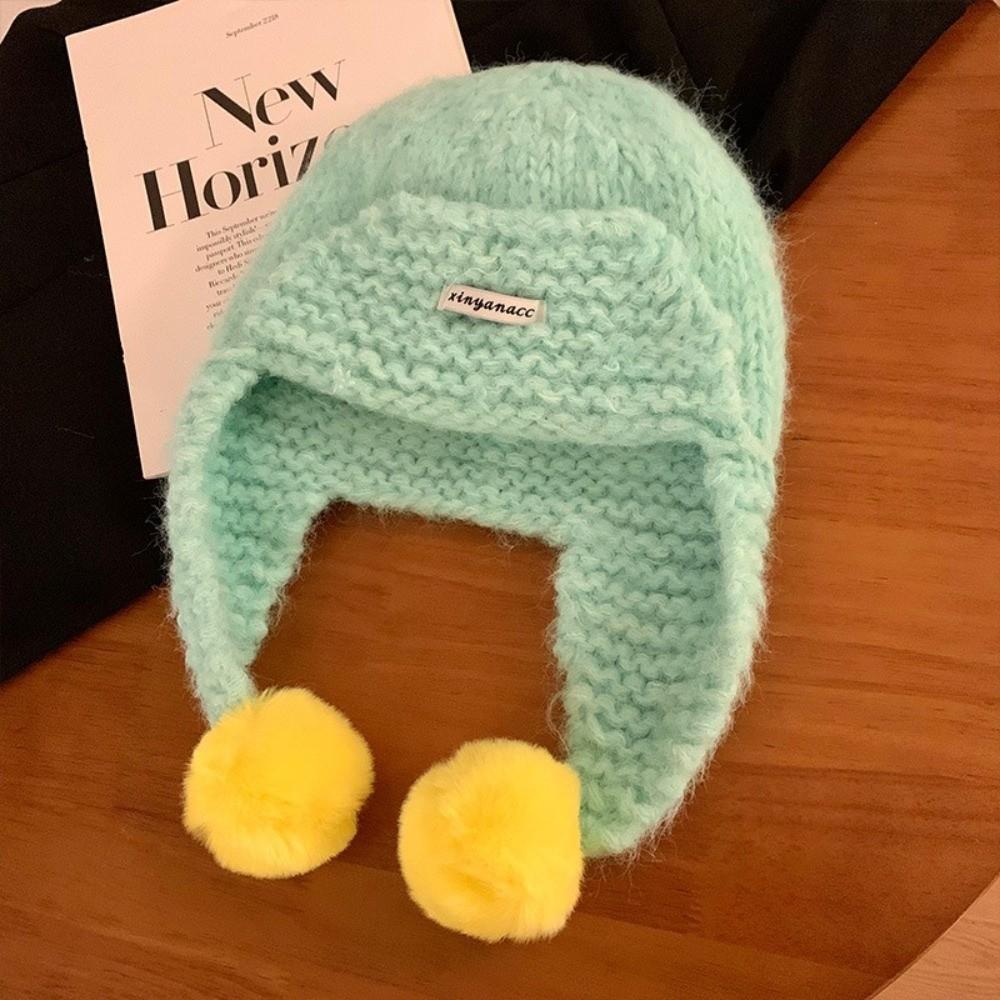 Sweet Women Knitted Cap Fluffy Pom-pom Ear Protection Caps Trendy Warm Beanie Hats  Outdoor
