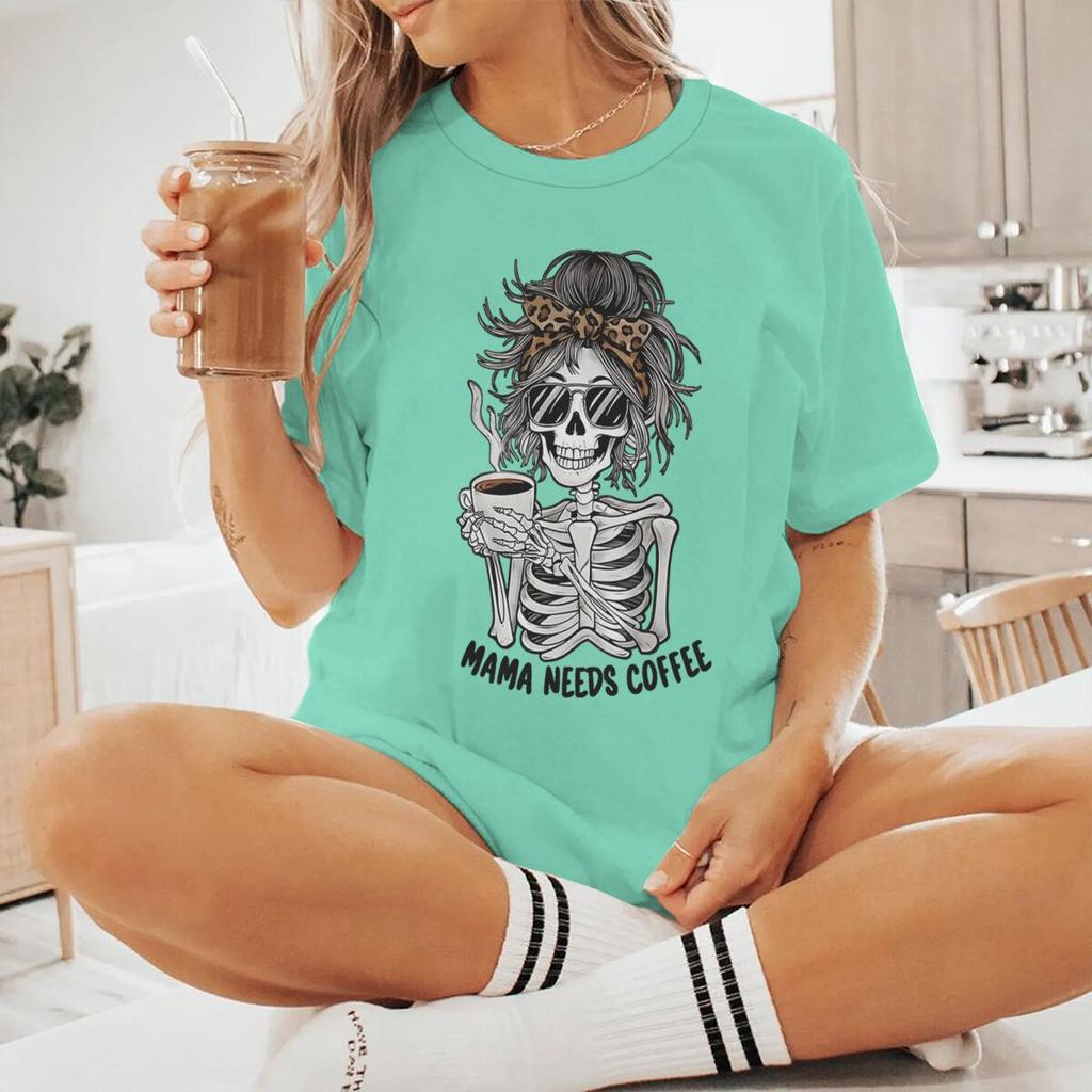 Mama Needs Coffee Vintage Womens Tshirts Fun Skeleton Coffee Print Graphic Short Sleeve T Shirt Casual Coffee Mom Tshirts Gift
