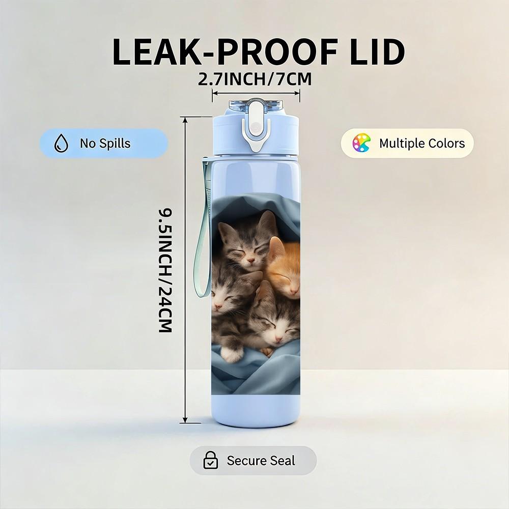 1PC Kittens Wrapped Blue Cloth 750ml Color Plastic Sports Water Bottle Leakproof Flip Straw Lid Suitable for Sports Office Home Use
