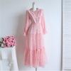 Women's Peter Pan Collar Lace Embroidery Midi Dress Luxury Beaded Crystal Costumes Ruffled Splice Button Front Slim A‑Line Dress