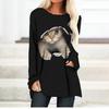 Plus Size Women Spring Cat Printed Comfy Long Sleeve Round Collar T-shirt Casual Baggy Mid Length Tee Tops