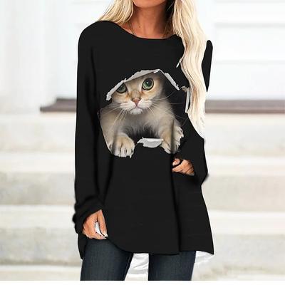 Damski T-shirt Plus Size Wiosenny z Nadrukiem Kota Wygodny z Długim Rękawem Okrągły Dekolt Casualowy Luźny Średniej Długości Top