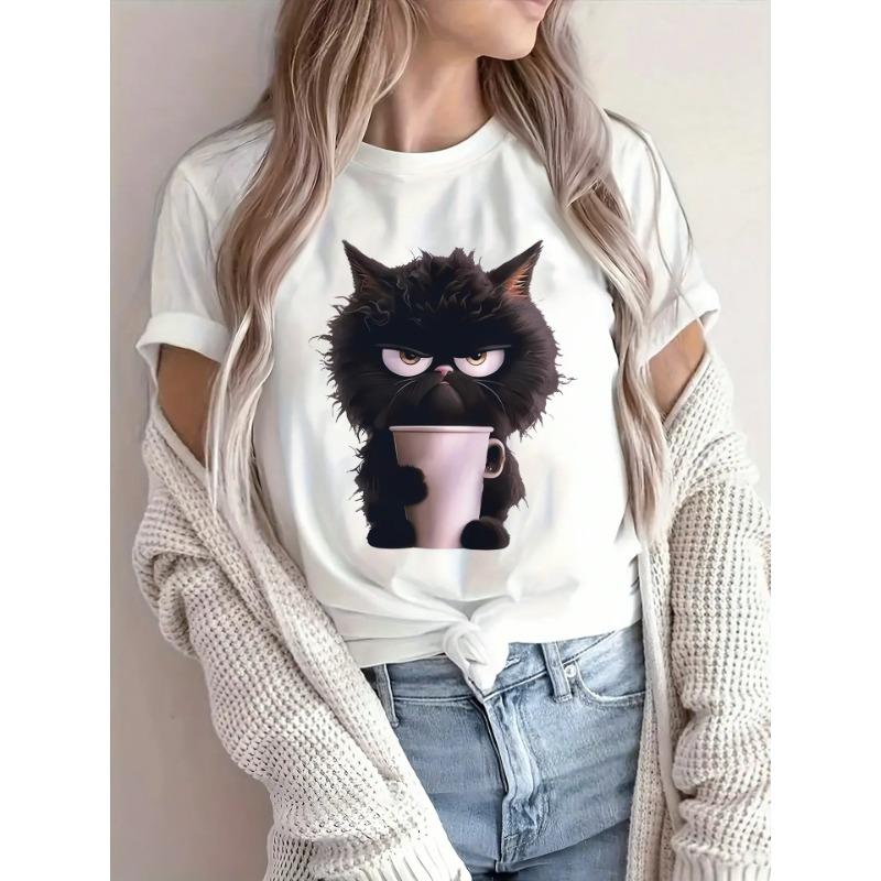 Angry Emote Cat Women Summer White Print T-shirt Girl Casual Short Sleeve O Neck Top For Summer Female Animal Clothing CCXX111