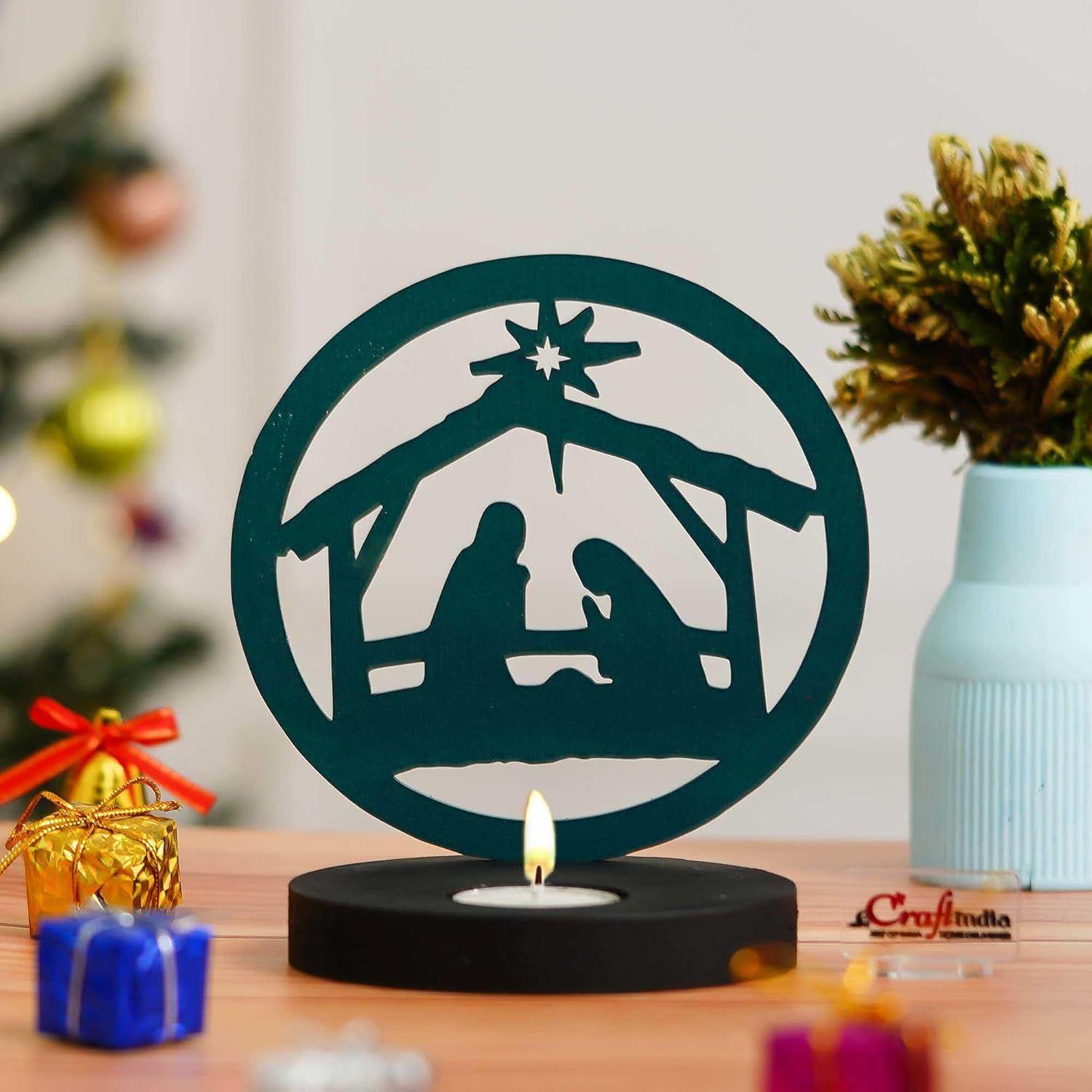 

Nativity Scene Holy Family Jesus Birth Decorative Showpiece Tea Light Candle Holder (Wooden Green)| Christmas Decoration Item for Home Office