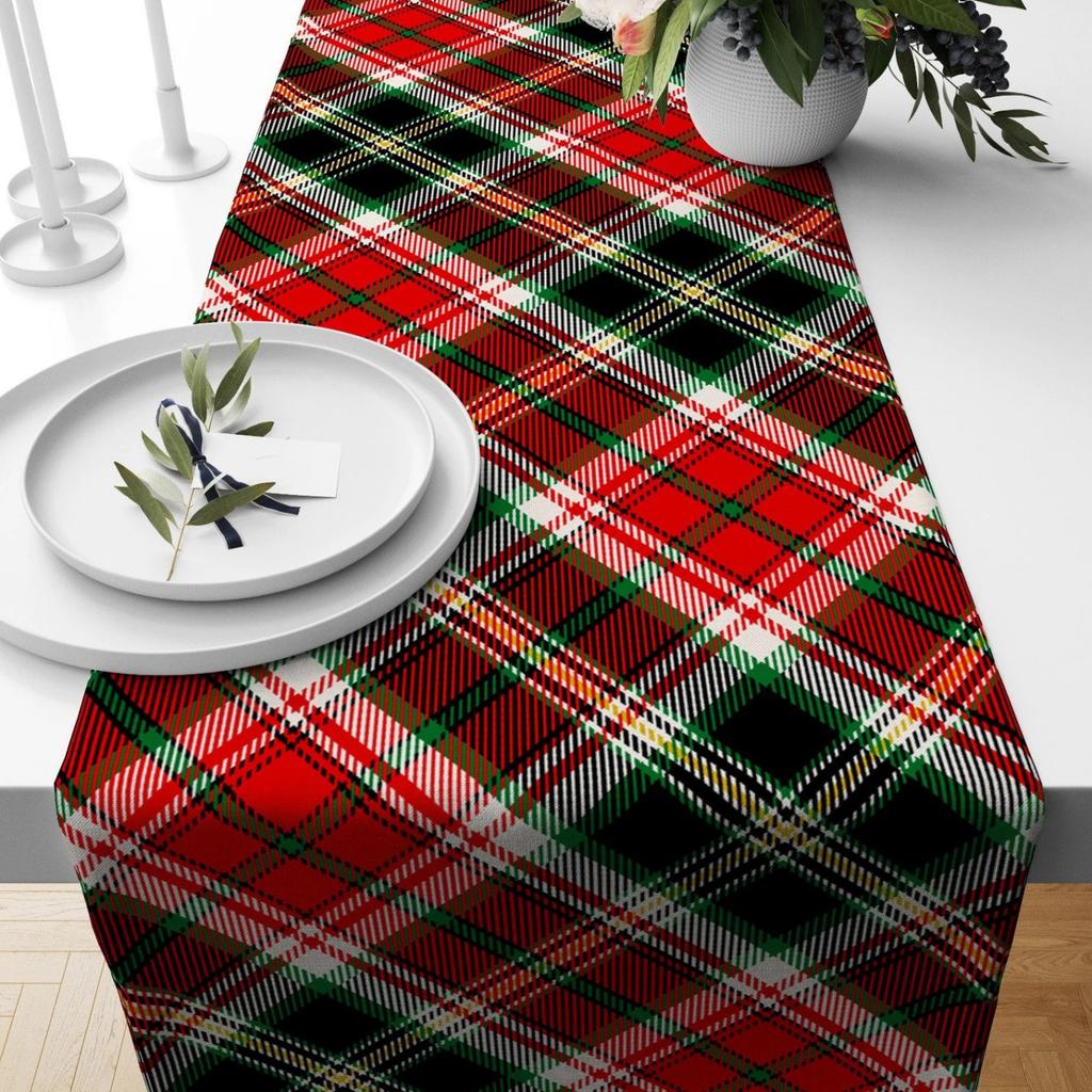Weihnachts-Tischläufer mit Tartan- und Karomuster, Roter Grüner Tischläufer im schottischen Stil, Wintertischdecke, Weihnachtsdekoration
