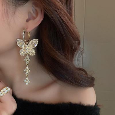 Silver Needle Diamond Butterfly Tassel Earrings: Fashionable, Versatile, and Exaggerated Floral Design