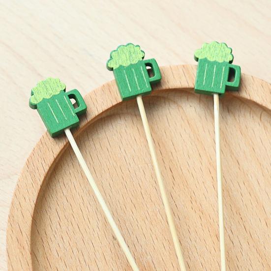 100PCS Disposable Cocktails Tags, Green Beer Decor Bamboo Picks, Disposable Handheld Toothpicks, for Snacks Sandwiches Cupcake