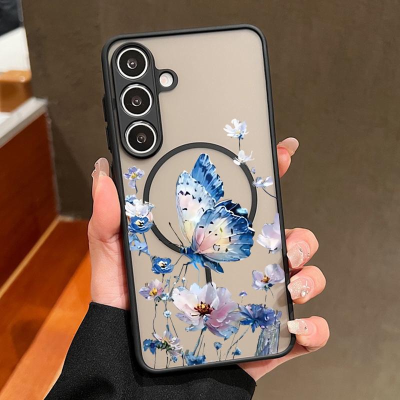 Creative Butterfly Flowers Pattern Case For Samsung Galaxy S26 Ultra S25 Edge S24 Plus S23 S22 S21 FE Magnetic For Magsafe Matte Cover