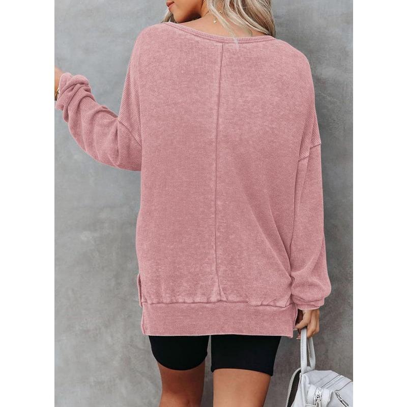 New Autumn Women's Round Neck Long Sleeve Side Slit Waffle Simple and Versatile Sweatshirt