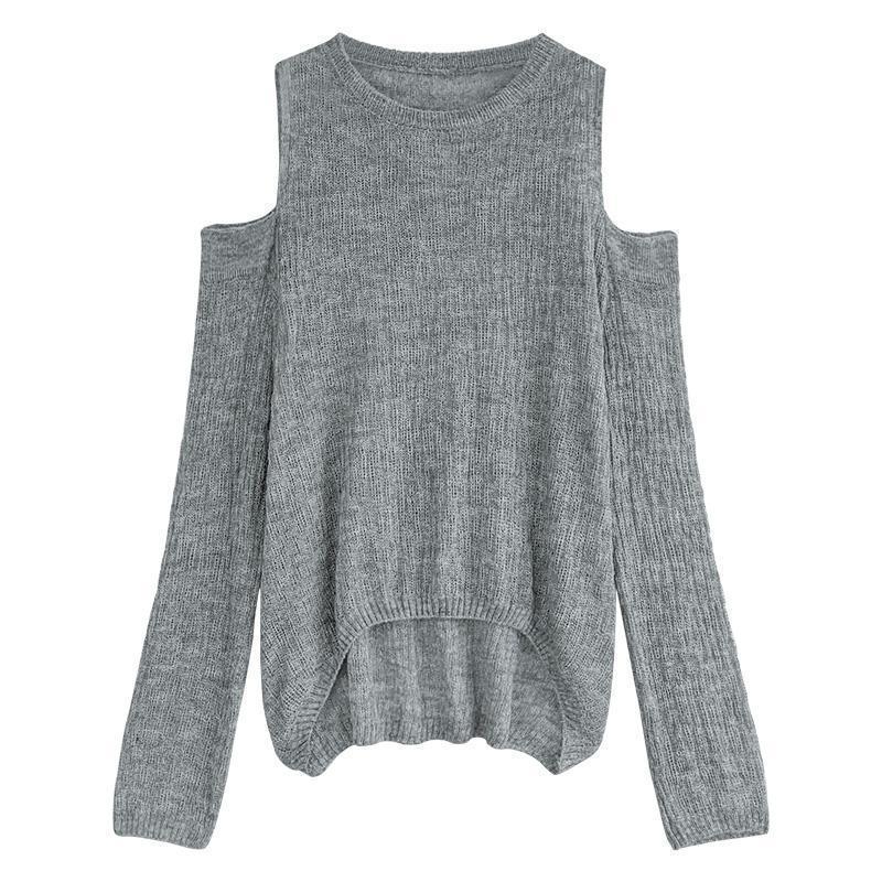 Off-the-shoulder Knitwear Loose Round Neck Pullover Long Sleeve Thin Hollow Out Top Spring Autumn Lazy Style