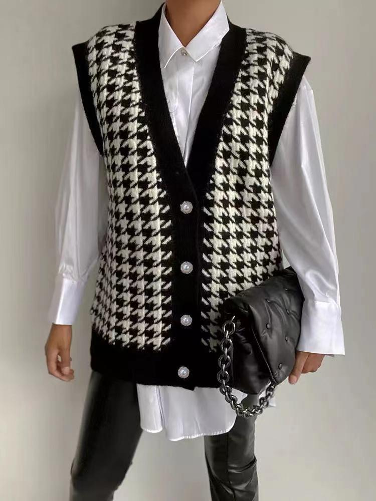 2023 Spring & Autumn Women's Houndstooth Knit Sleeveless Cardigan Vest
