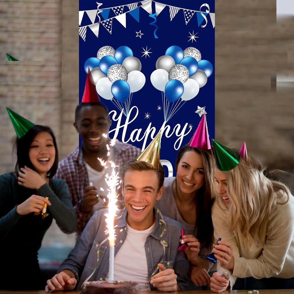 Blue Silver Happy Birthday Door Banner Decorations for Men Boys, Happy Birthday Door Cover Sign Party Supplies, 16th 21st 30th 40th 50th 60th