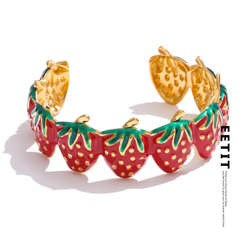 Eetit Red & Colorful Enamel Strawberry Sweet Open Cuff Bracelet Bangle Hot Style Stainless Steel Golden Wrist Fruit Jewelry