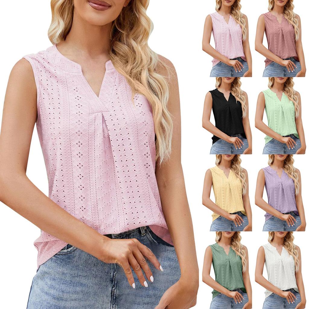 Women Sleeveless V Neck Eyelet Hollow Out Tank Top Pleated Blouse Lightweight Summer Casual Shirt