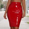 Women Club Skirt Faux Leather Skinny Sheath High Waist Zipper Closure Solid Color Glossy Surface Slim Fit Knee Length Lady Party Dating Skirt