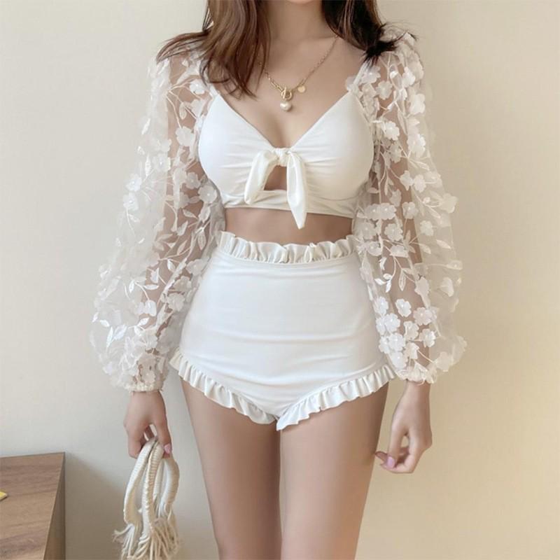 

2024 Купальник бикини с высокой талией, контролем живота и длинными рукавами для женщин Extra Large белый