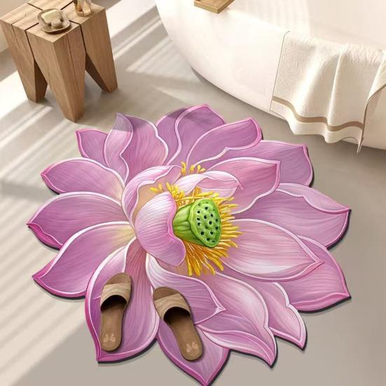 Lotus Flower Shaped Rug 3D Visual Effect Lotus Carpet Absorbent Area Rug with Non-Slip Backing for Bedroom Living Room Bathroom Kitchen
