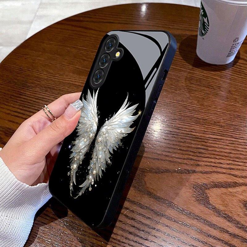 Engelsflügel Glas Handyhülle geeignet für Samsung Galaxy S26 S25 S24 S23 S22 S20 FE/Ultra/Plus sturzsichere Rückabdeckung