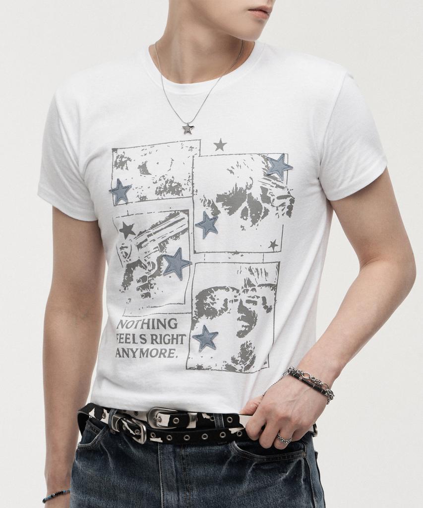 LANARCHIVE [0132] Denim Applique Star Short Sleeve T-Shirt - Ivory