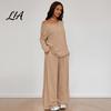 Solid Color Matching Sets Women Sweatshirt Pants 2-Piece Set, Off Shoulder Long Sleeve Top & Lounge Set Wide Leg Trousers, for Spring Autumn Two