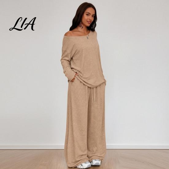 Solid Color Matching Sets Women Sweatshirt Pants 2-Piece Set, Off Shoulder Long Sleeve Top & Lounge Set Wide Leg Trousers, for Spring Autumn Two