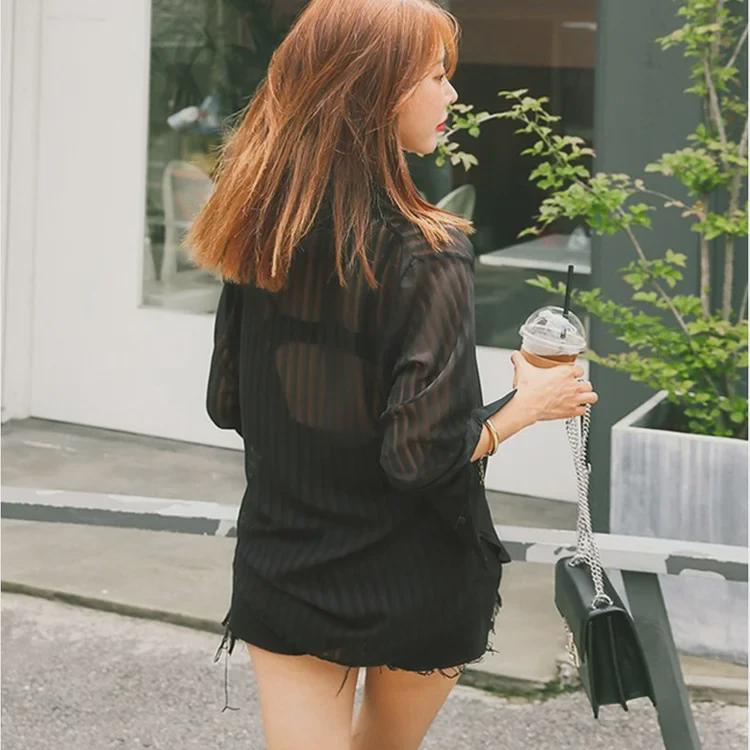 Chic Black Sheer Chiffon Shirt - Stylish and Sexy 2023 Mature Fashion Top