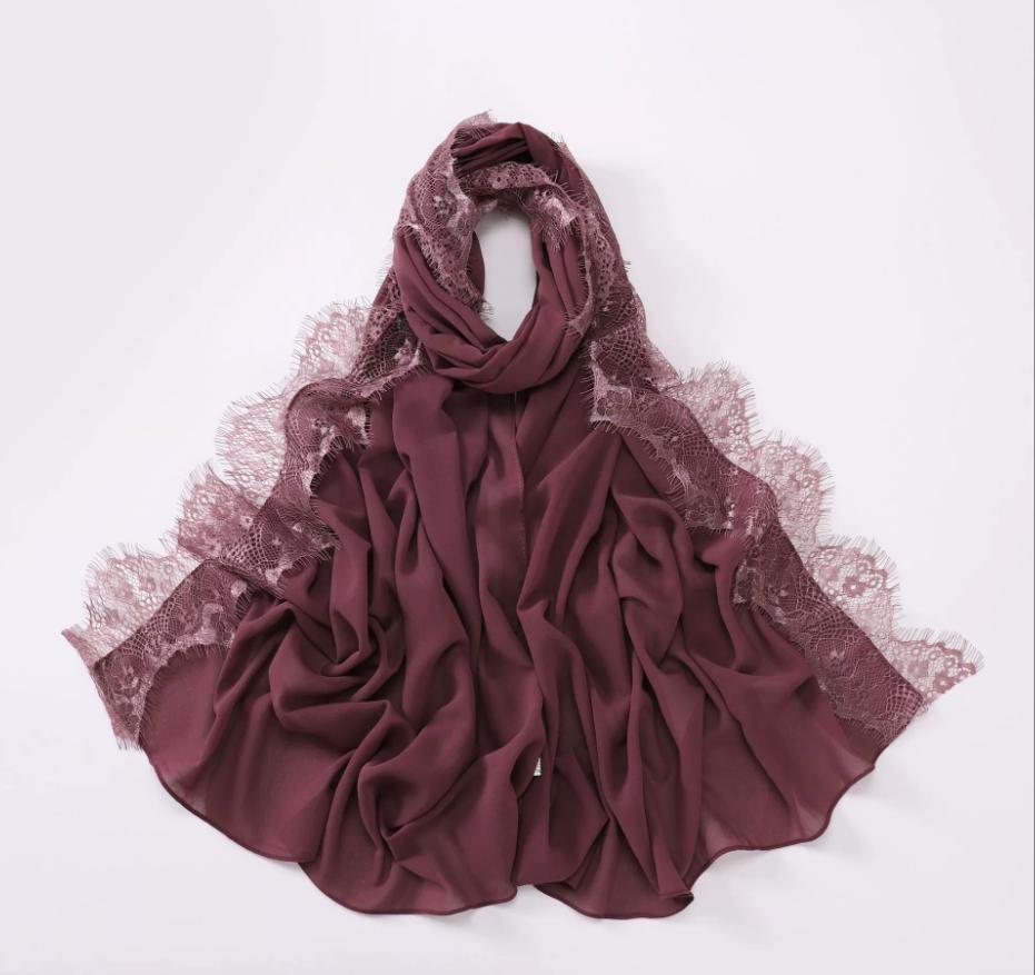 New Muslim Chiffon Hijab With Lace Muslim Scarf Long Shawls Solid Headscarf Wraps Embroidered Lace Muslim Turban Femme Hijab