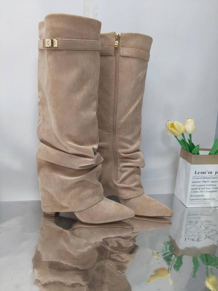 Nuovi Stivali da Donna Autunnali e Invernali a Punta Alti fino al Ginocchio, Stivali Lunghi con Tacco Spesso, Stivali alla Moda a Vita Media