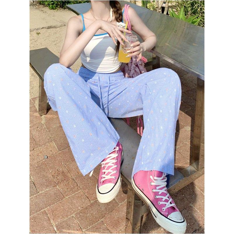 Korean Style Women's Blue Striped High Waist Wide Leg Loose Pants for Spring/Summer