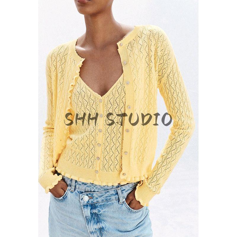 Summer New Product Women's Clothes Minimalist round Neck Long Sleeves Laminated Decoration Jacquard Mesh Knitting Outwear 6427057