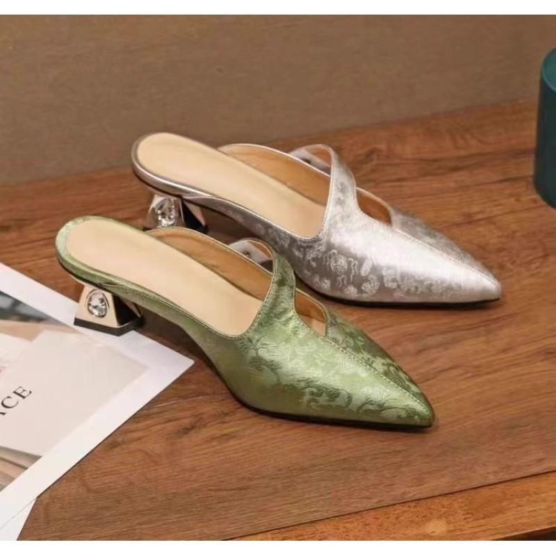 Medium Heel Baotou Half Slippers Women's Summer Wear New High-end Leather Pointed Lazy Sandals